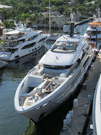 a large ship docked aboard VIDA Yacht for Sale