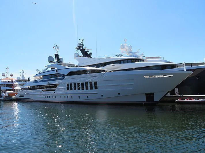 a large white boat in the water aboard VIDA Yacht for Sale