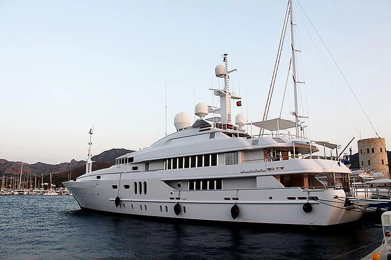 a large white boat in the water aboard PEARL Yacht for Sale