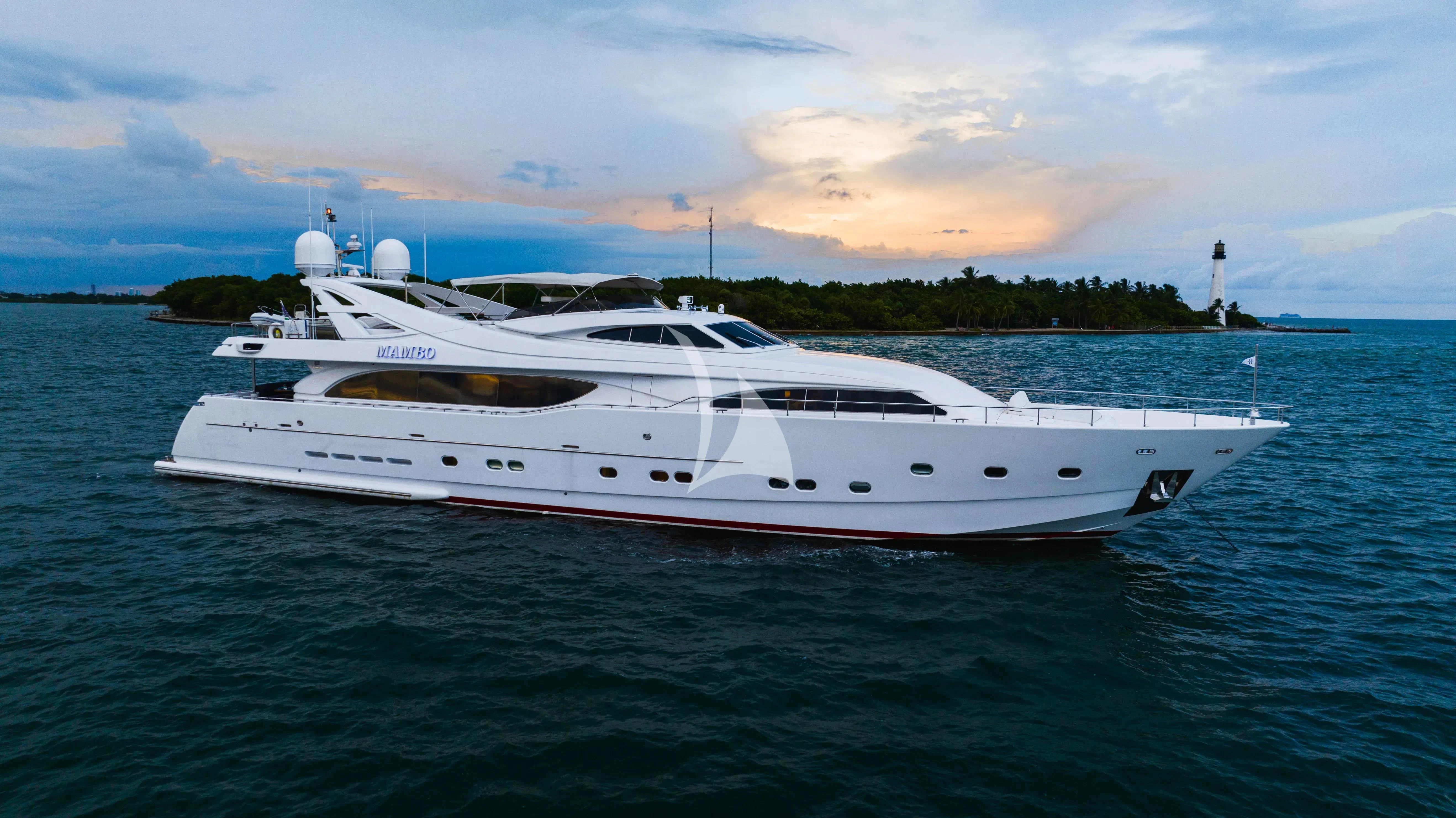 a white yacht in the water aboard MAMBO Yacht for Sale