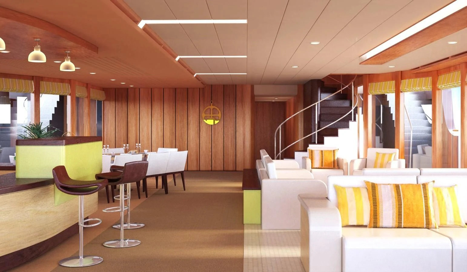 a room with a table chairs and a staircase aboard PROJECT 105 Yacht for Sale