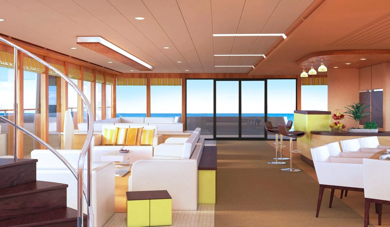 a room with tables and chairs aboard PROJECT 105 Yacht for Sale