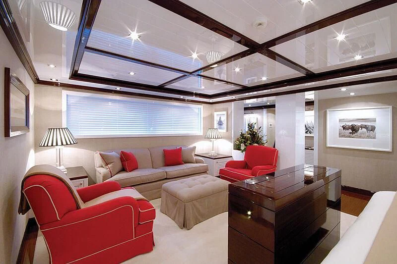 a living room with a large ceiling aboard OXYGEN Yacht for Sale