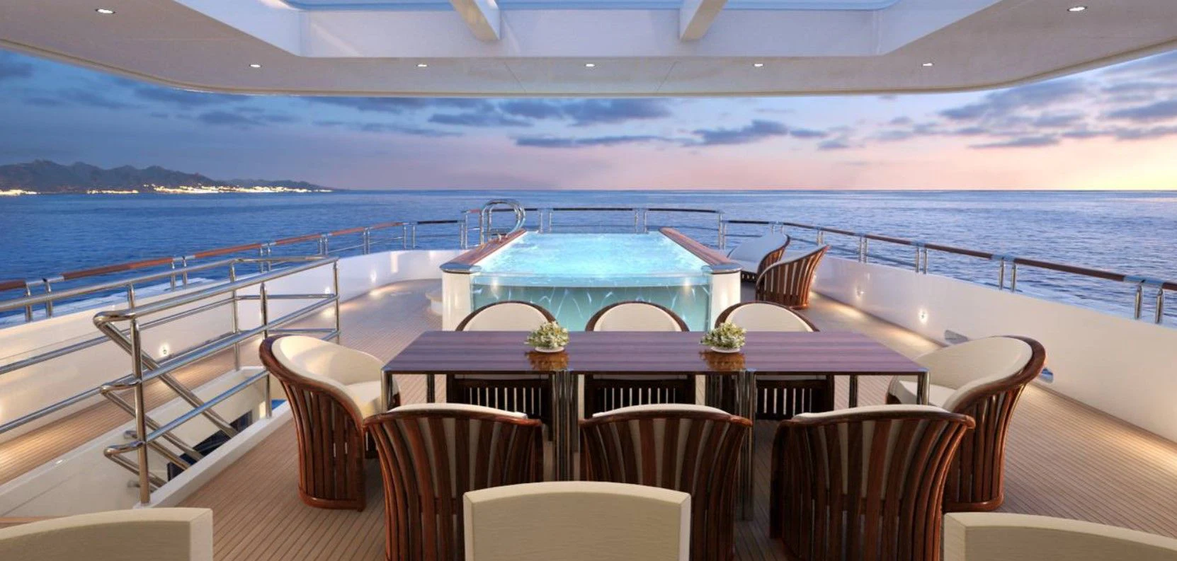 a table and chairs on a boat aboard BURGER 180 HULL 02 Yacht for Sale