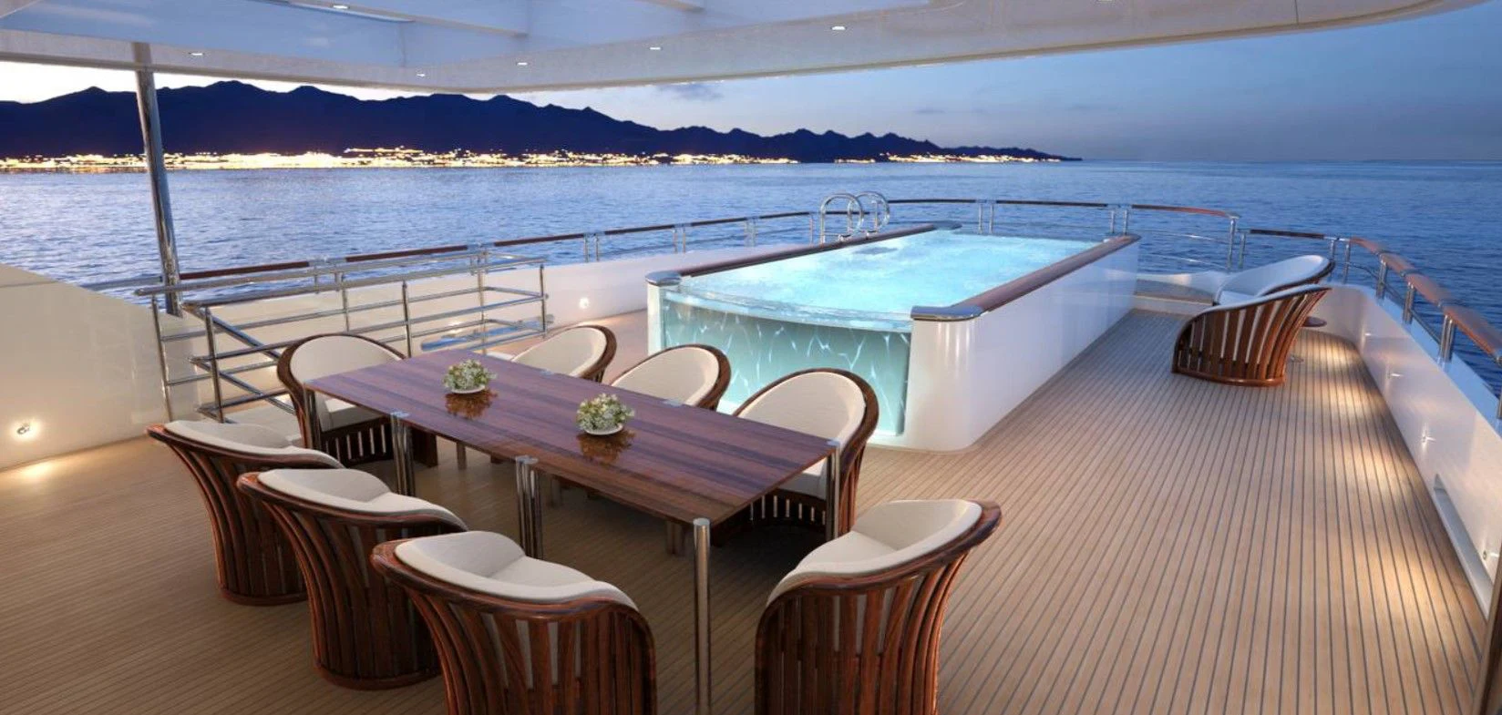 a table and chairs on a boat aboard BURGER 180 HULL 02 Yacht for Sale
