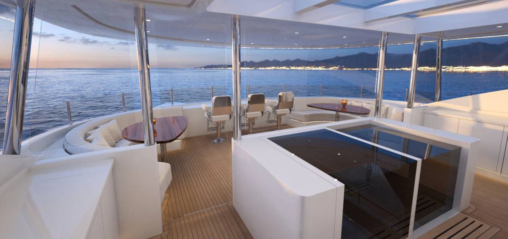 a room with a large deck overlooking the ocean aboard BURGER 180 HULL 02 Yacht for Sale