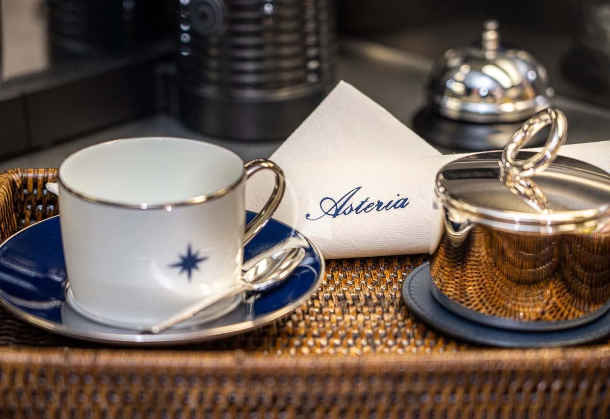 a tea set on a table aboard ASTERIA Yacht for Charter