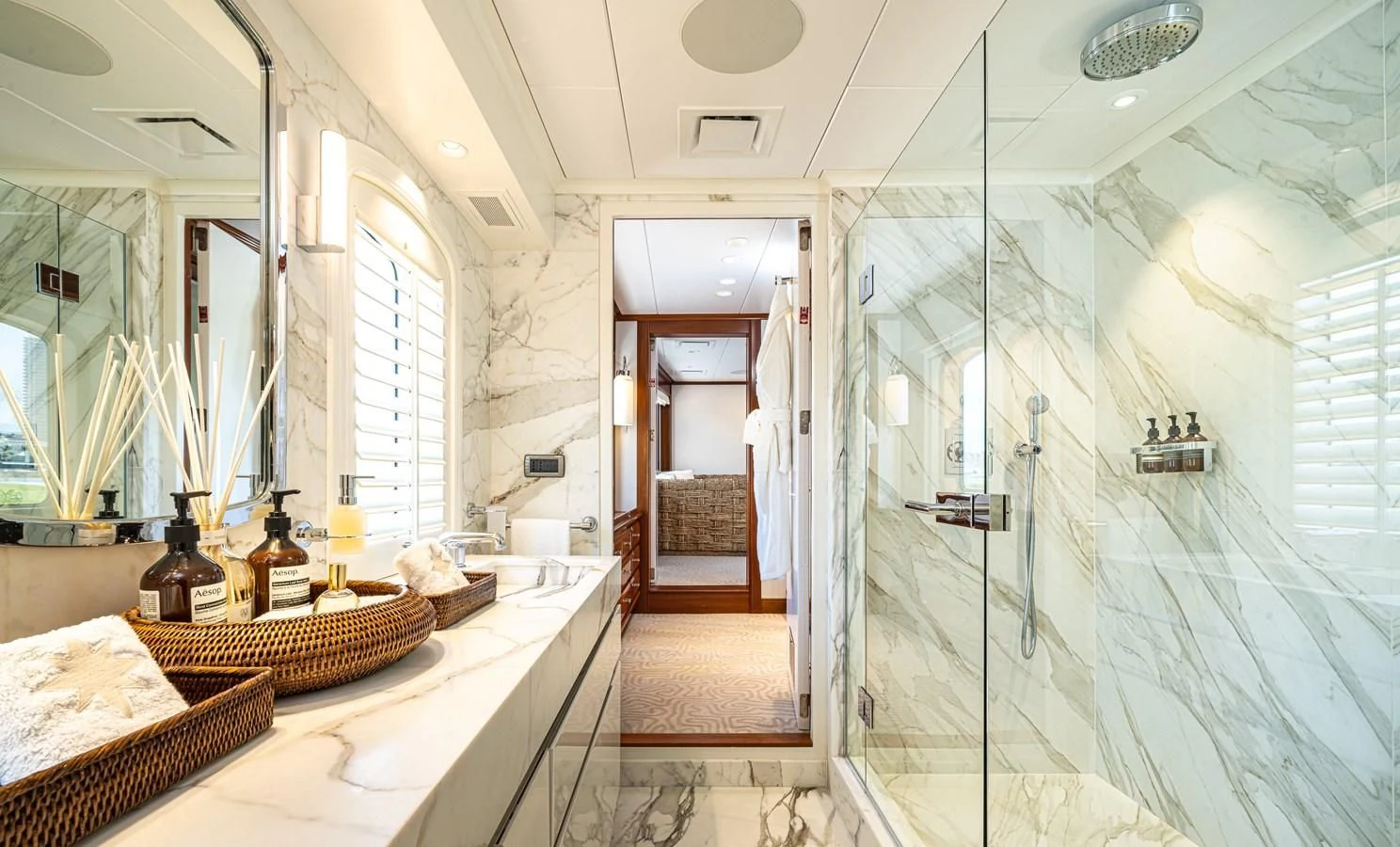 a bathroom with a shower aboard ASTERIA Yacht for Charter