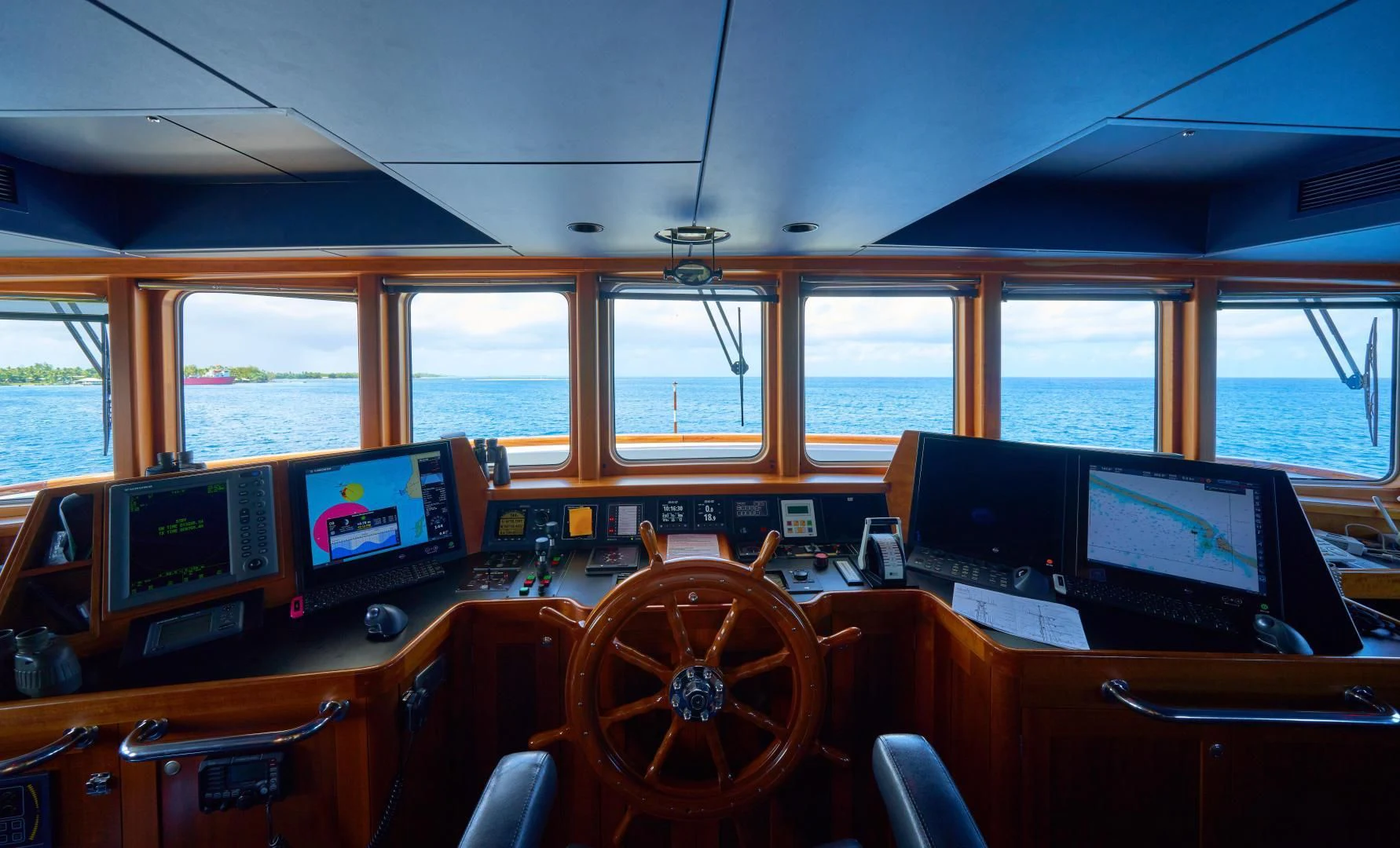 inside of a vehicle with computers aboard ASTERIA Yacht for Charter