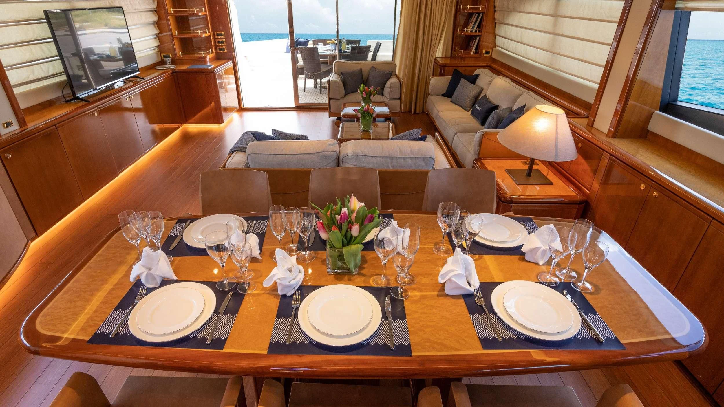 a dining table set for a dinner aboard ESTIA YI Yacht for Sale