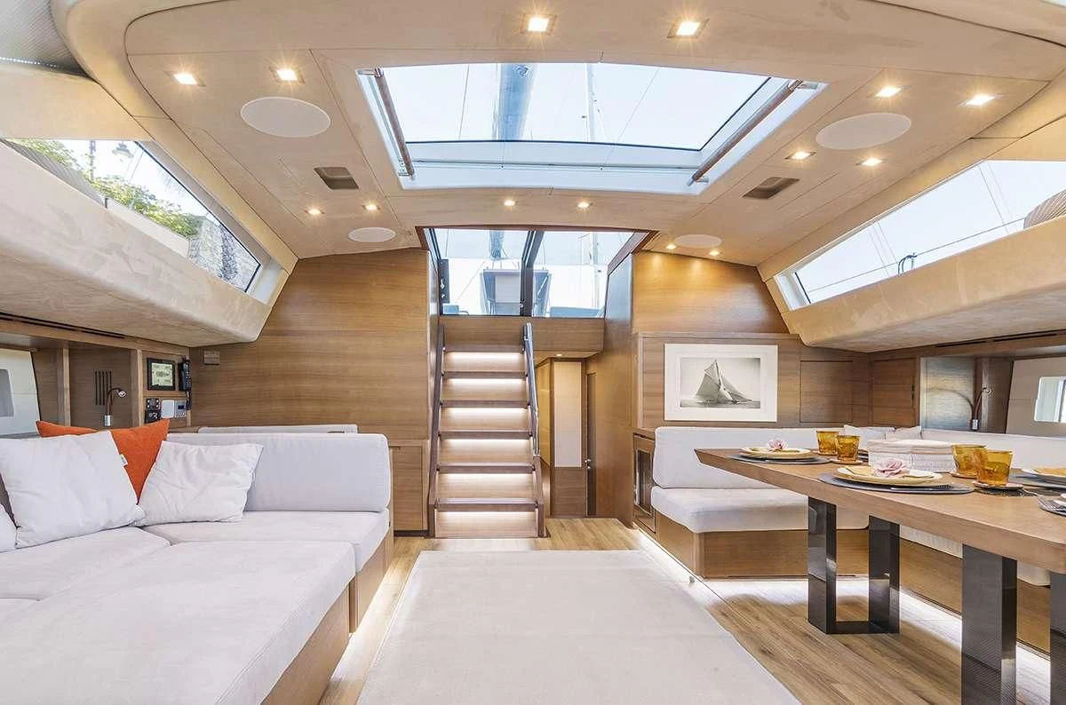 a modern looking living room aboard JIKAN Yacht for Charter