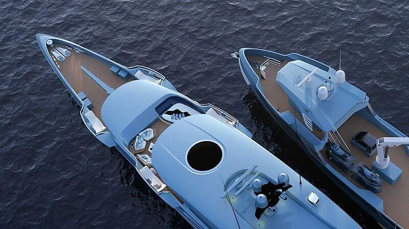 a space shuttle on a body of water aboard PHI Yacht for Sale