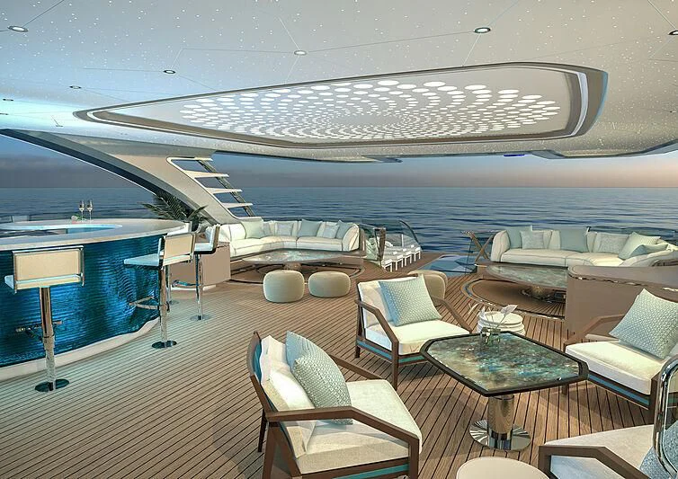 a room with a large lounge chair and a large white ceiling aboard PHI Yacht for Sale
