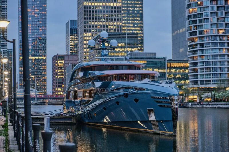a boat in a harbor aboard PHI Yacht for Sale