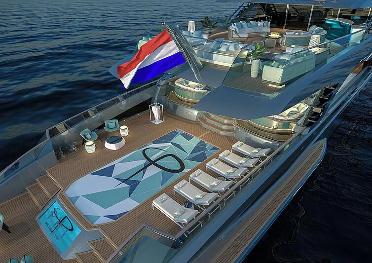 a boat with a deck and chairs aboard PHI Yacht for Sale