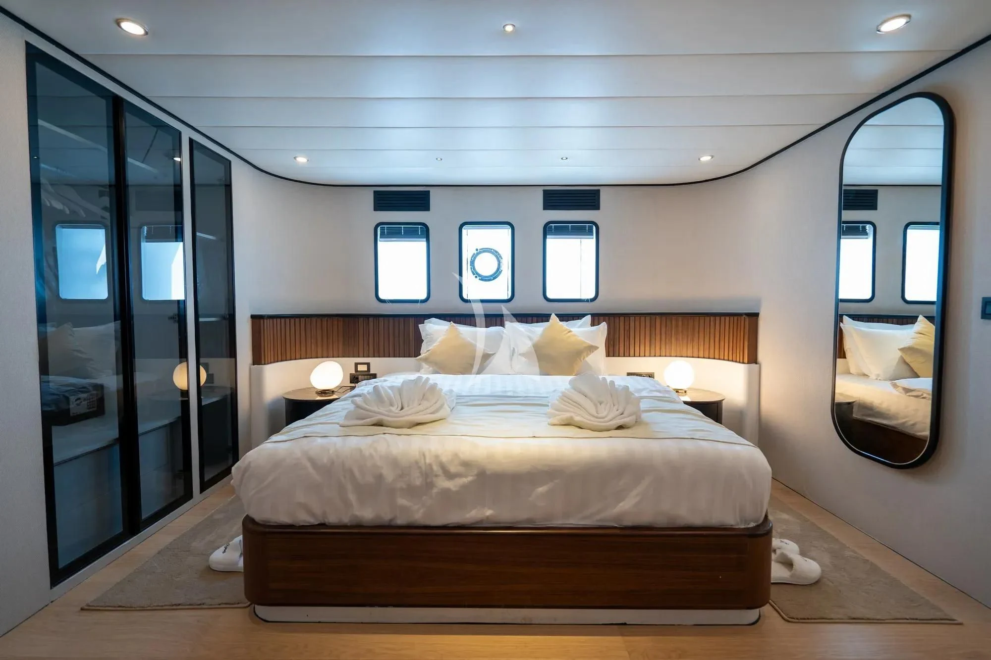 a bed in a room aboard DE LOVE Yacht for Charter