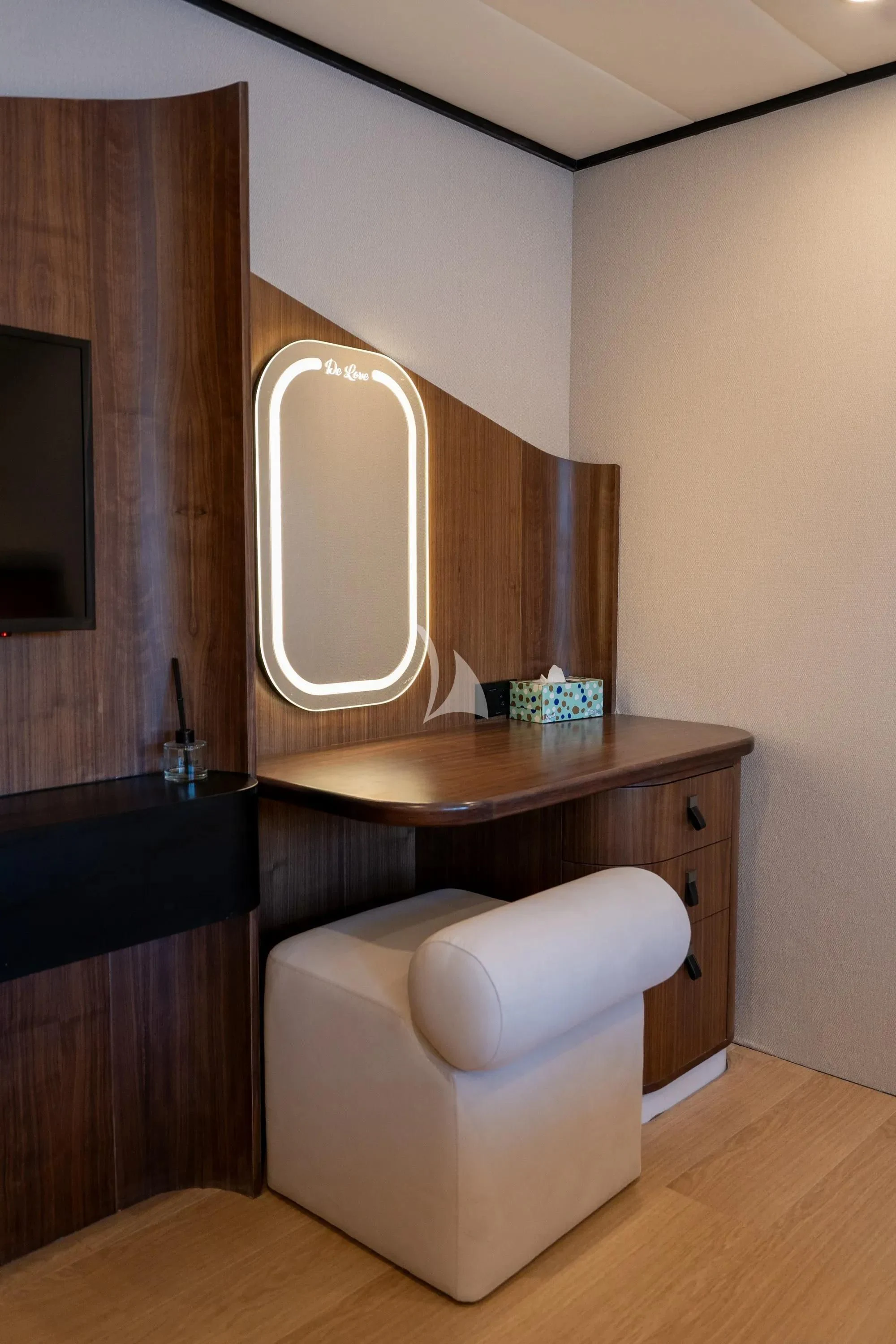 a bathroom with a mirror and a toilet aboard DE LOVE Yacht for Charter