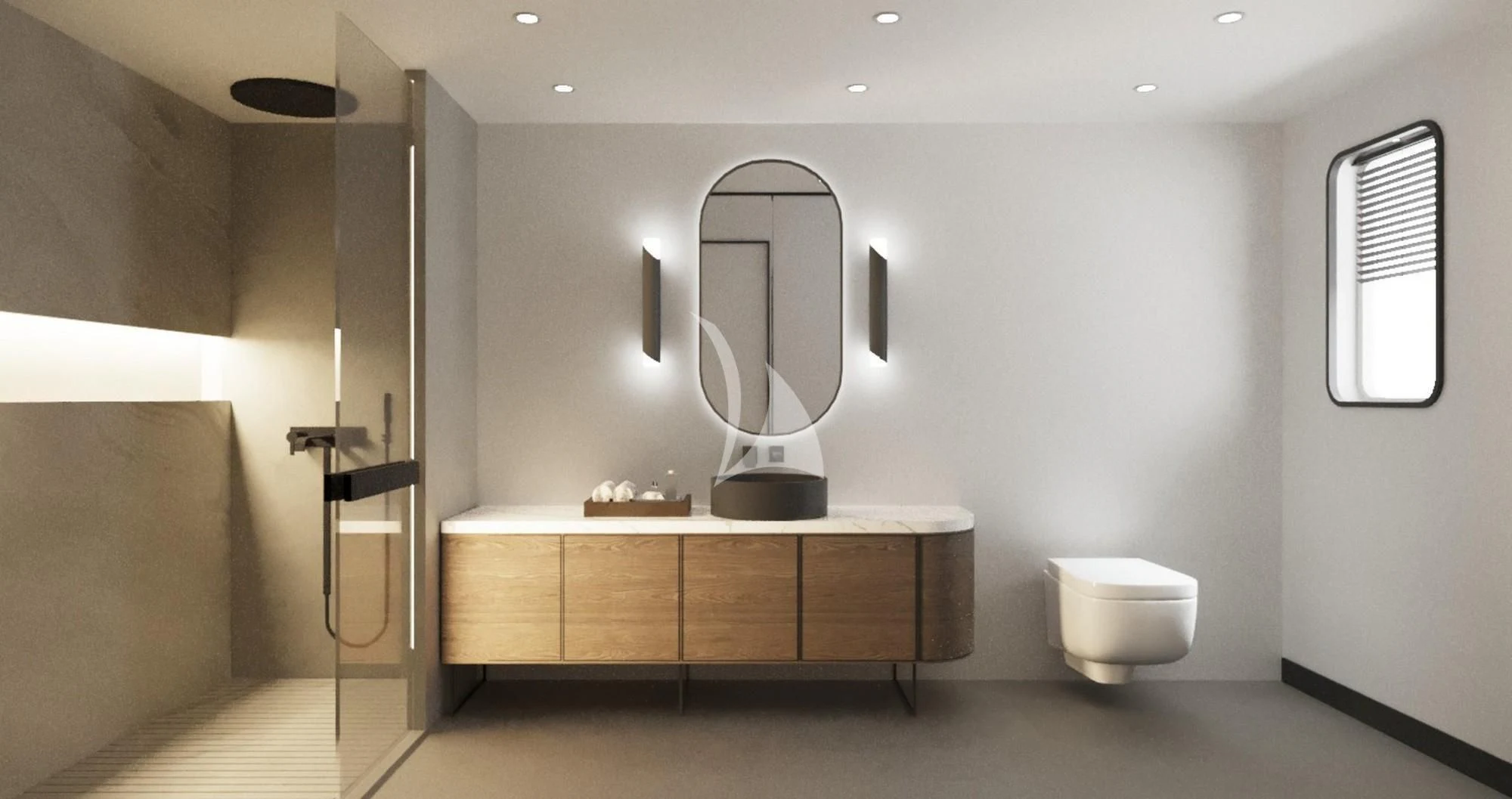 a bathroom with a large mirror aboard DE LOVE Yacht for Charter