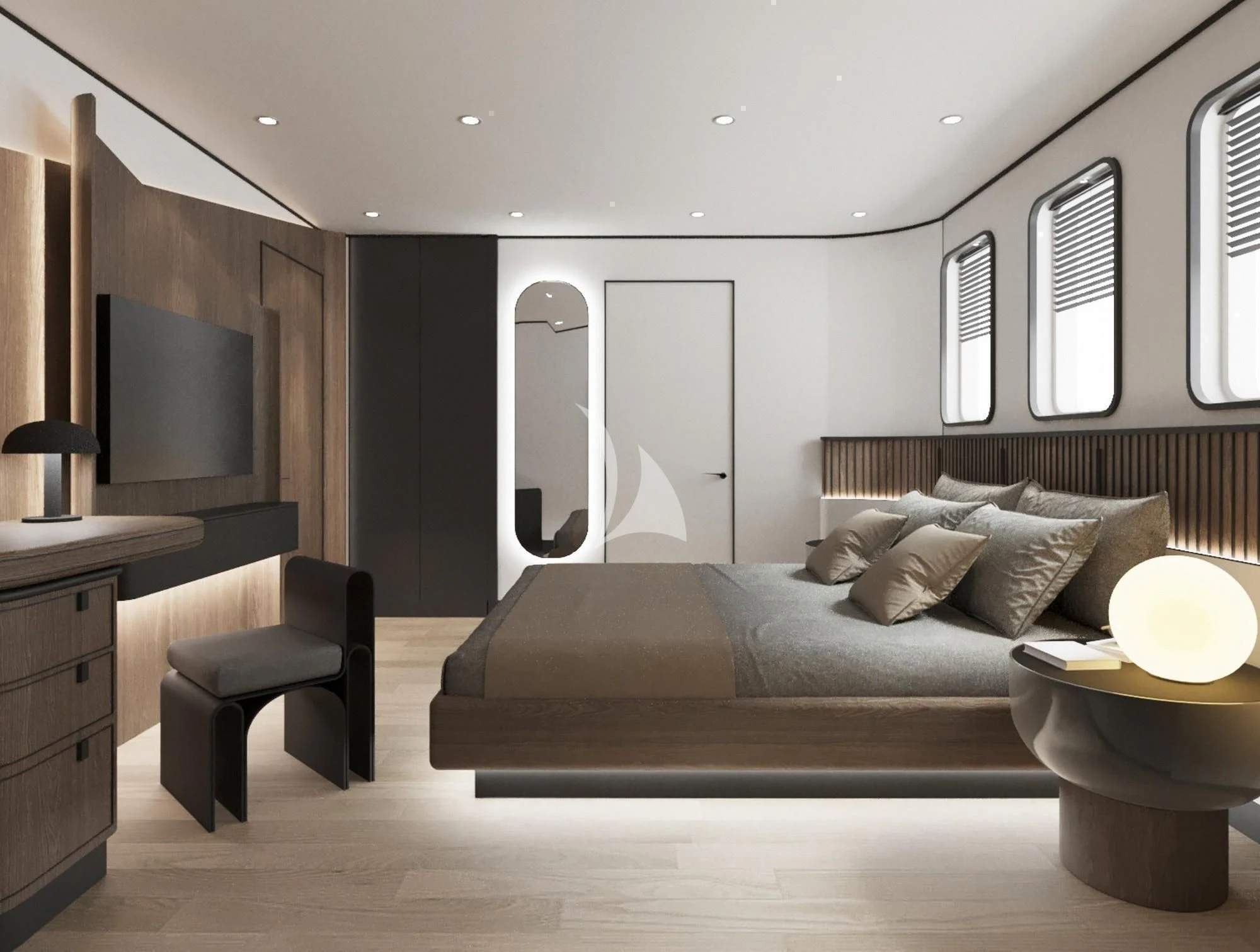 a modern bedroom with a bed aboard DE LOVE Yacht for Charter