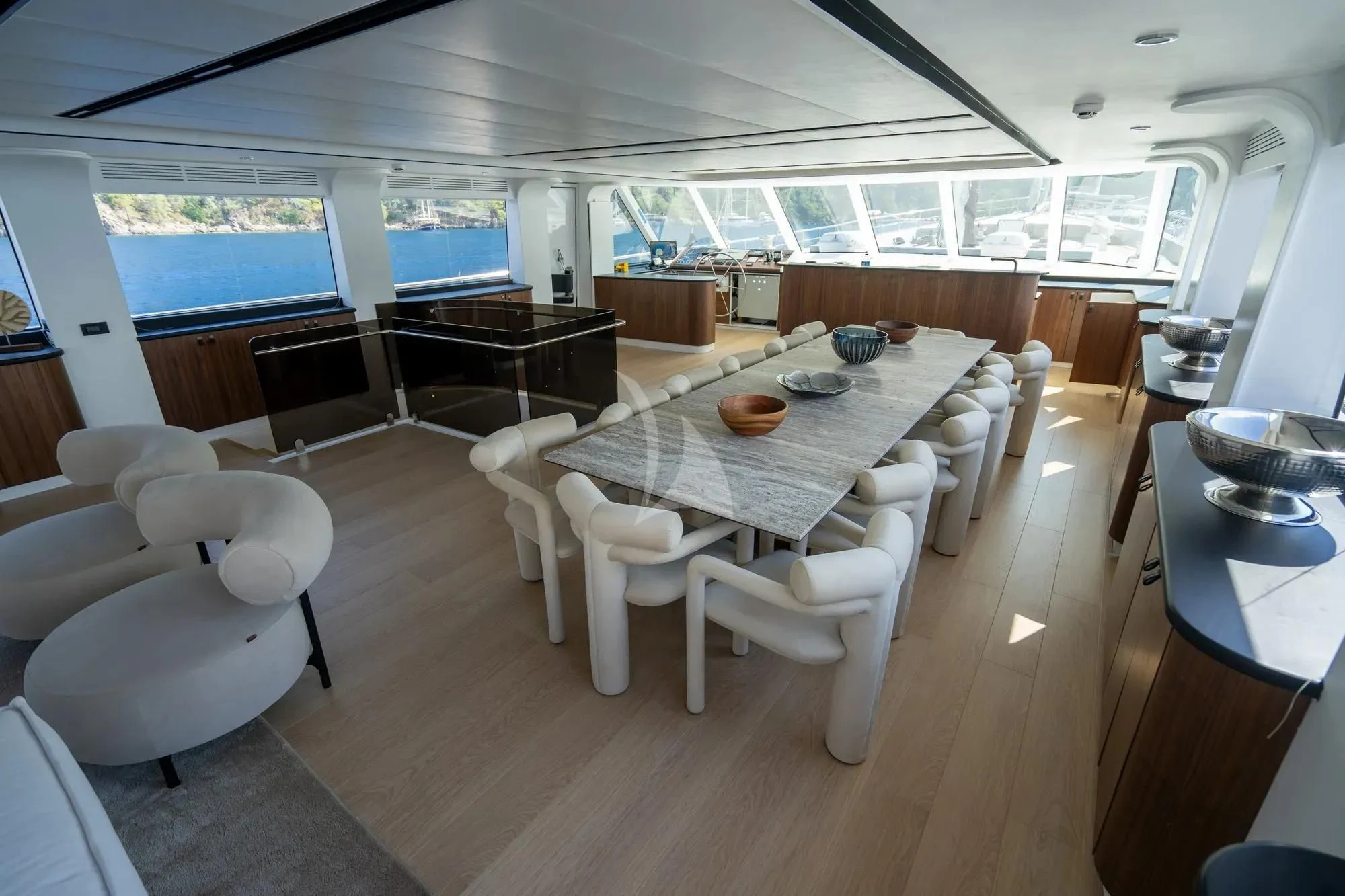 a dining room with a table and chairs aboard DE LOVE Yacht for Charter