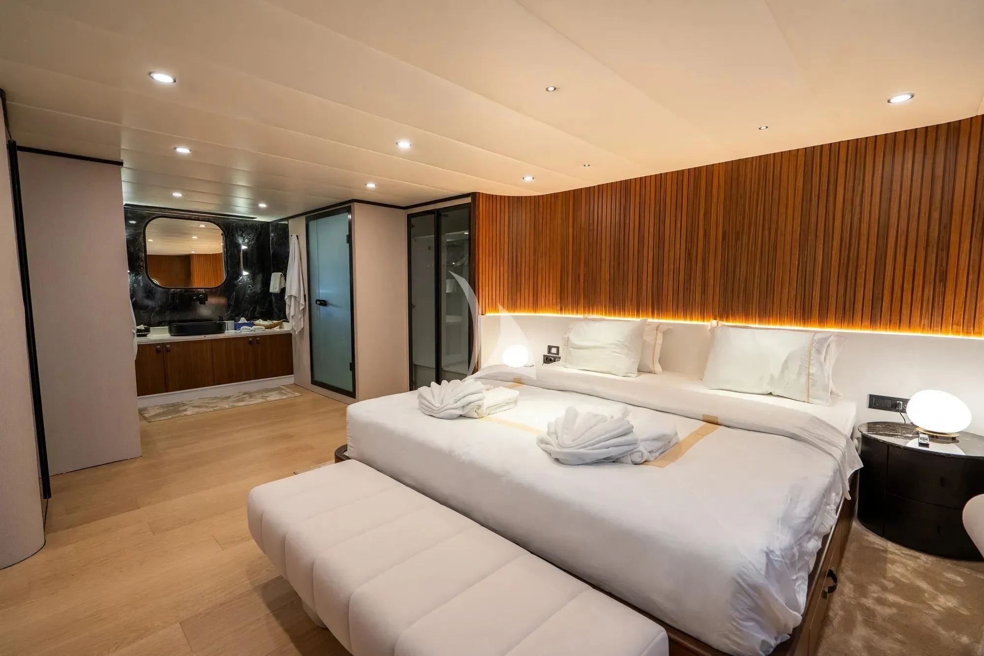 a hotel room with a bed aboard DE LOVE Yacht for Charter