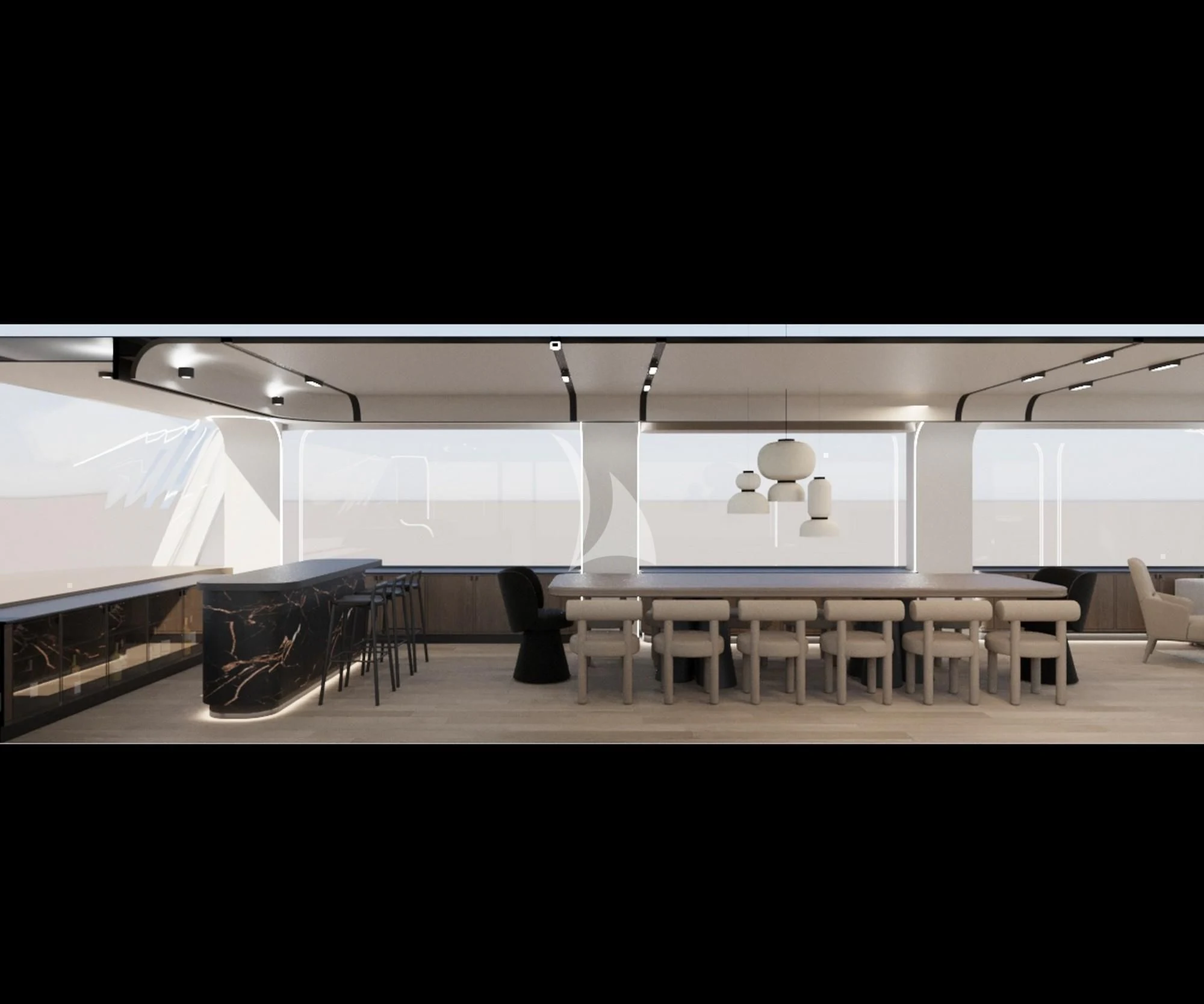 a room with tables and chairs aboard DE LOVE Yacht for Charter