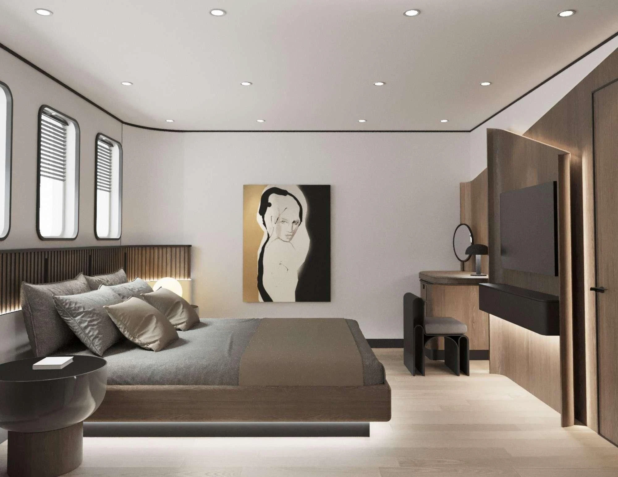 a bedroom with a bed and a television aboard DE LOVE Yacht for Charter