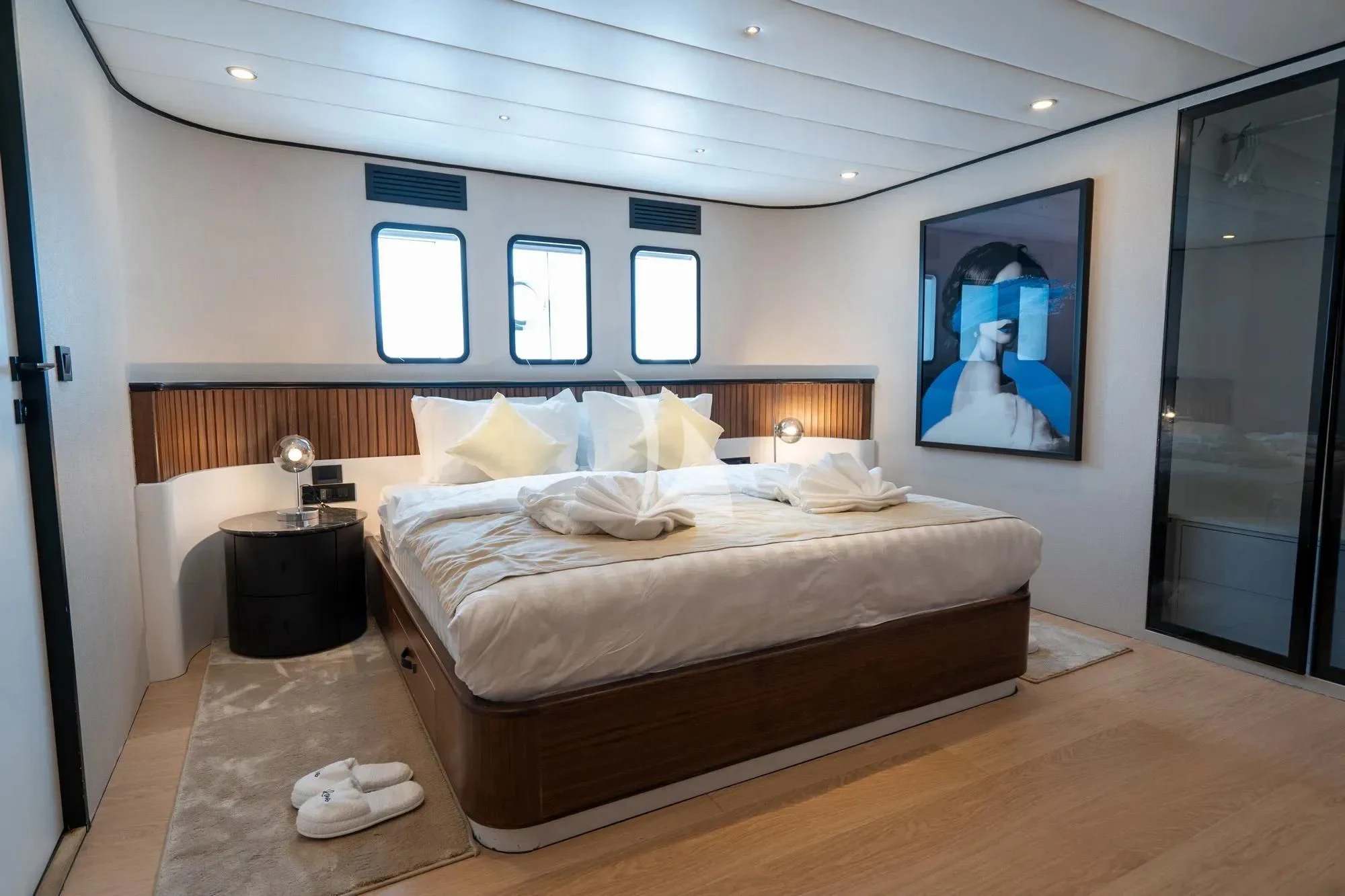 a bed in a room aboard DE LOVE Yacht for Charter