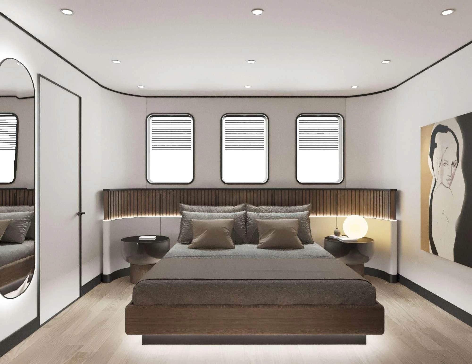 a bed in a room aboard DE LOVE Yacht for Charter