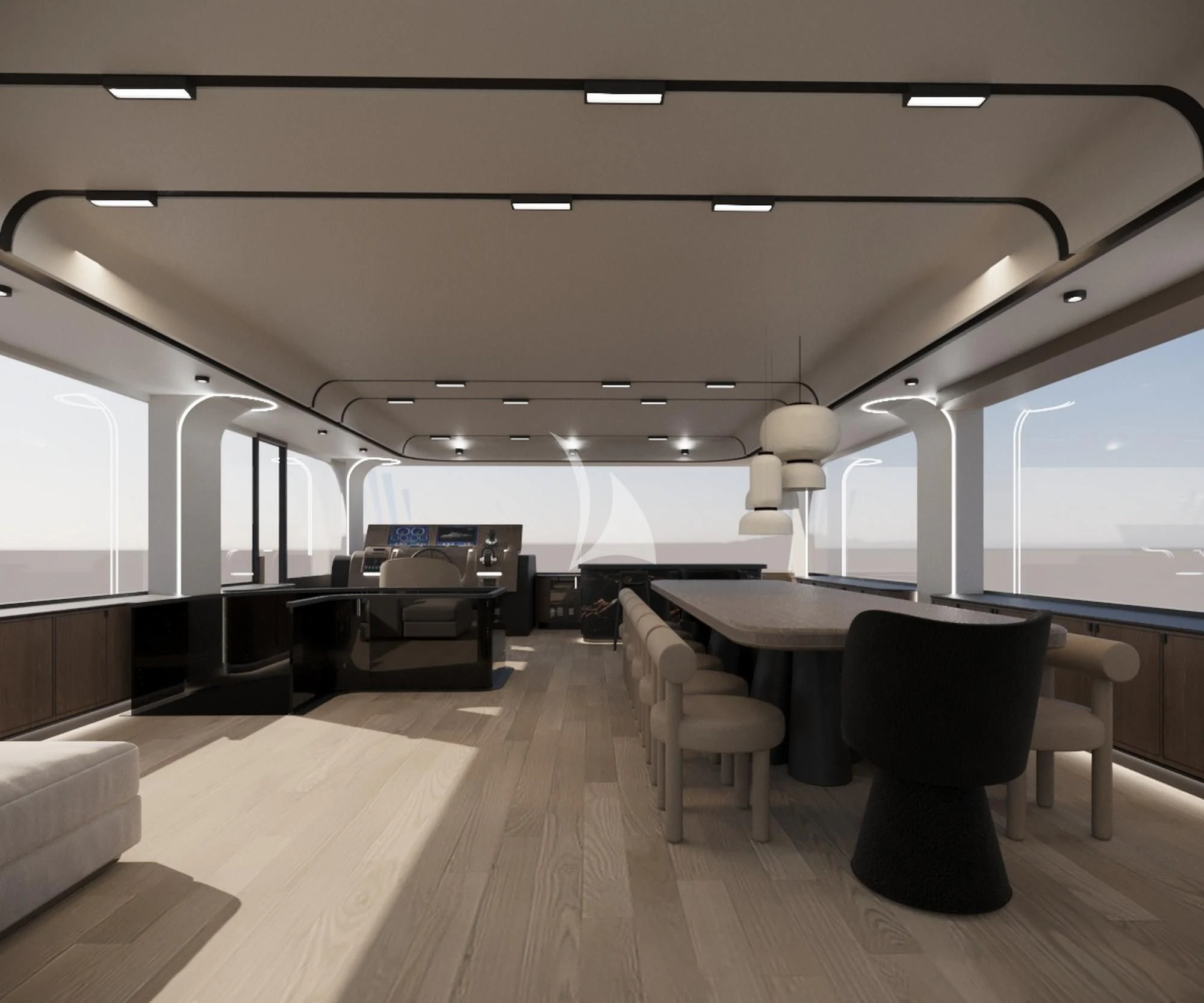 a room with a desk and chairs aboard DE LOVE Yacht for Charter