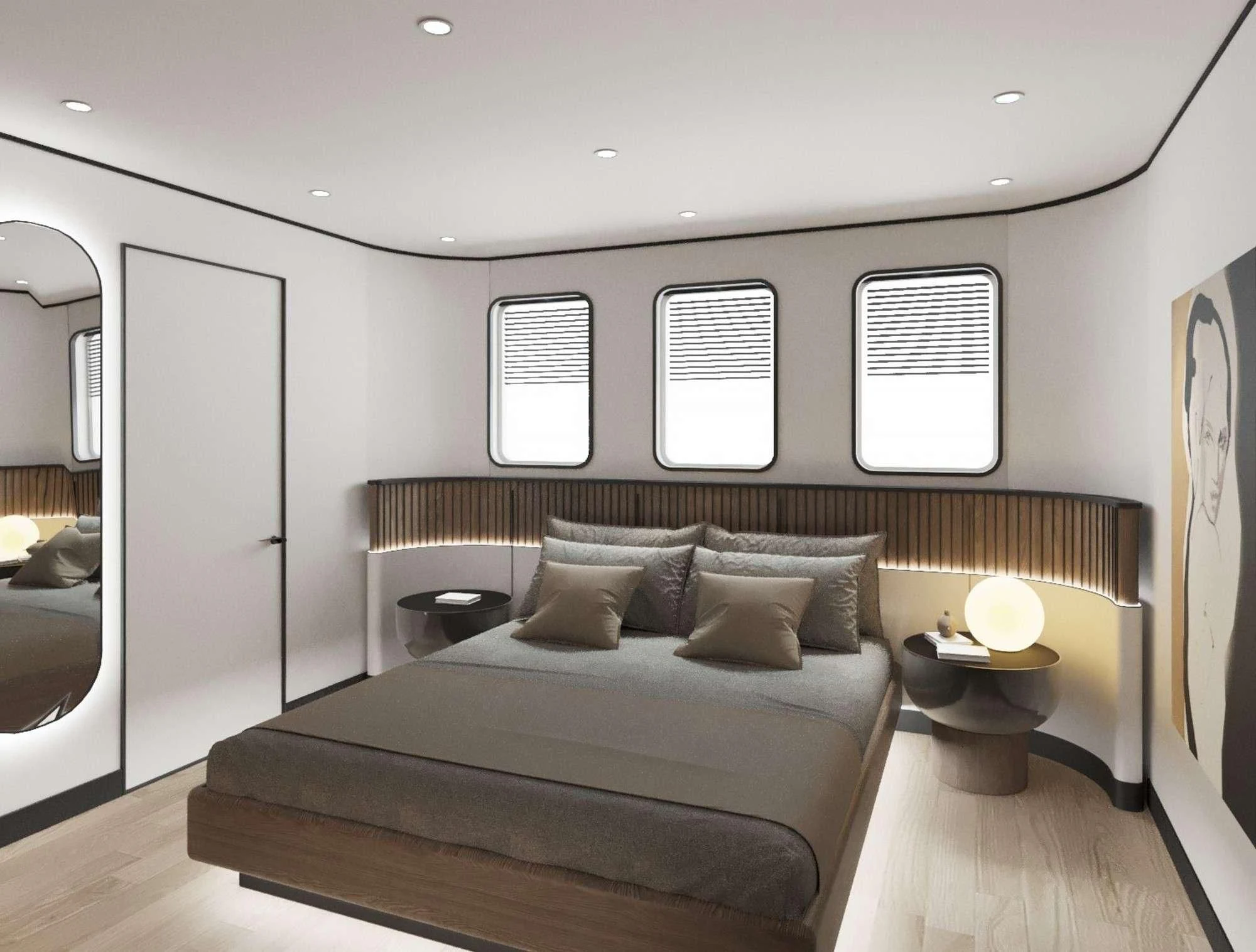 a bed in a room aboard DE LOVE Yacht for Charter