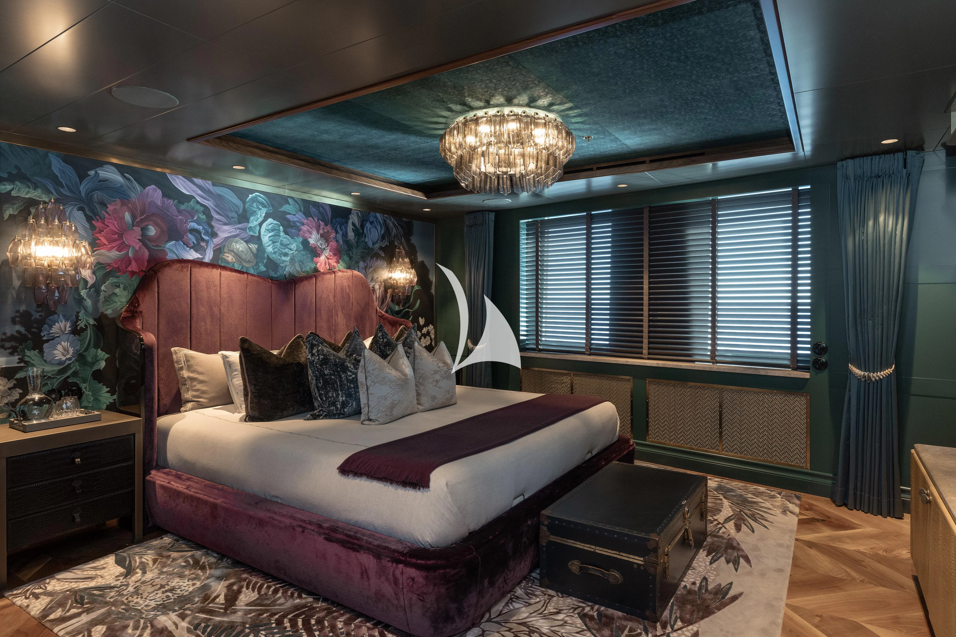 a bedroom with a bed and a window aboard PINK SHADOW Yacht for Sale