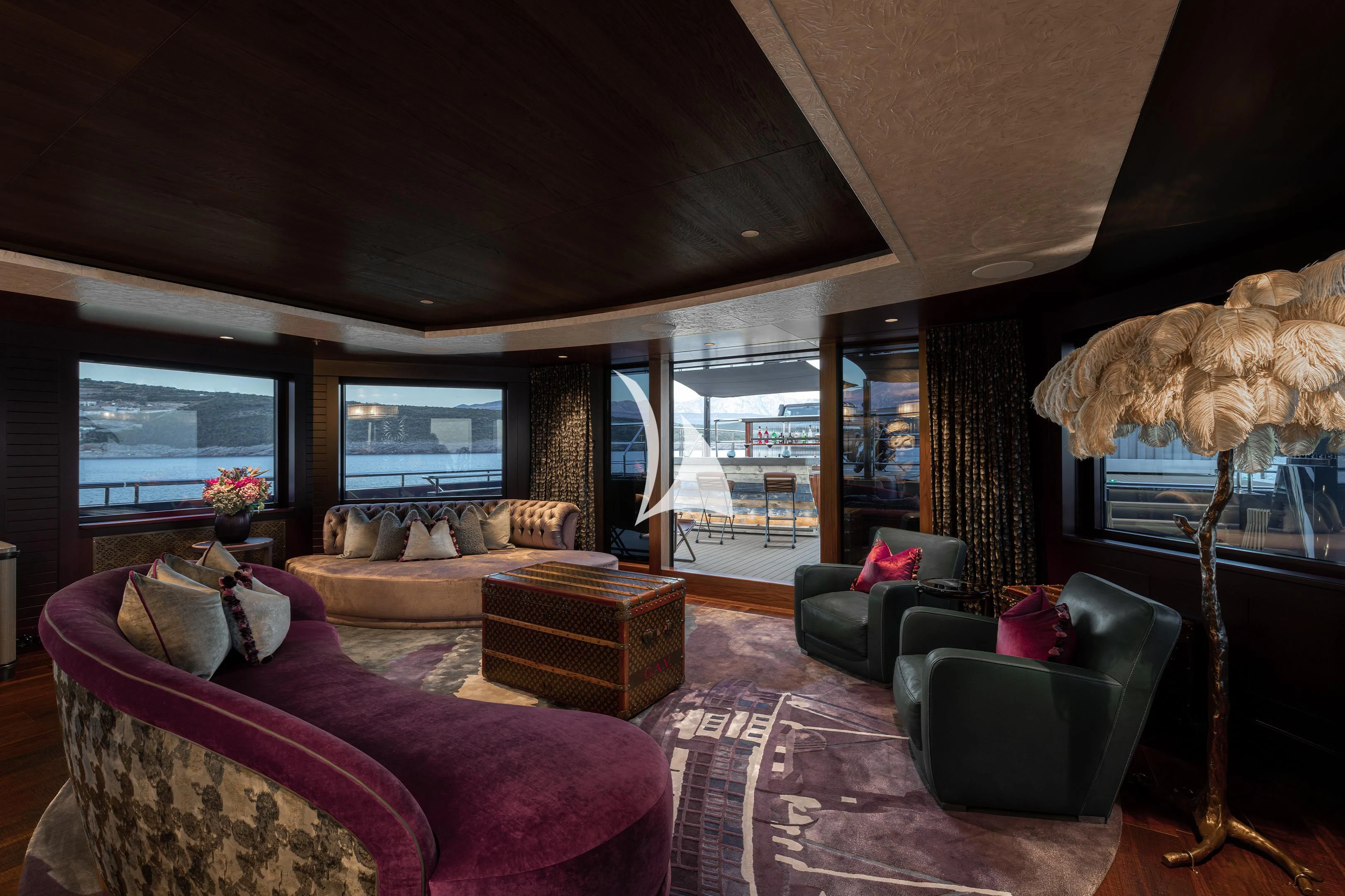 a living room with a large window aboard PINK SHADOW Yacht for Sale