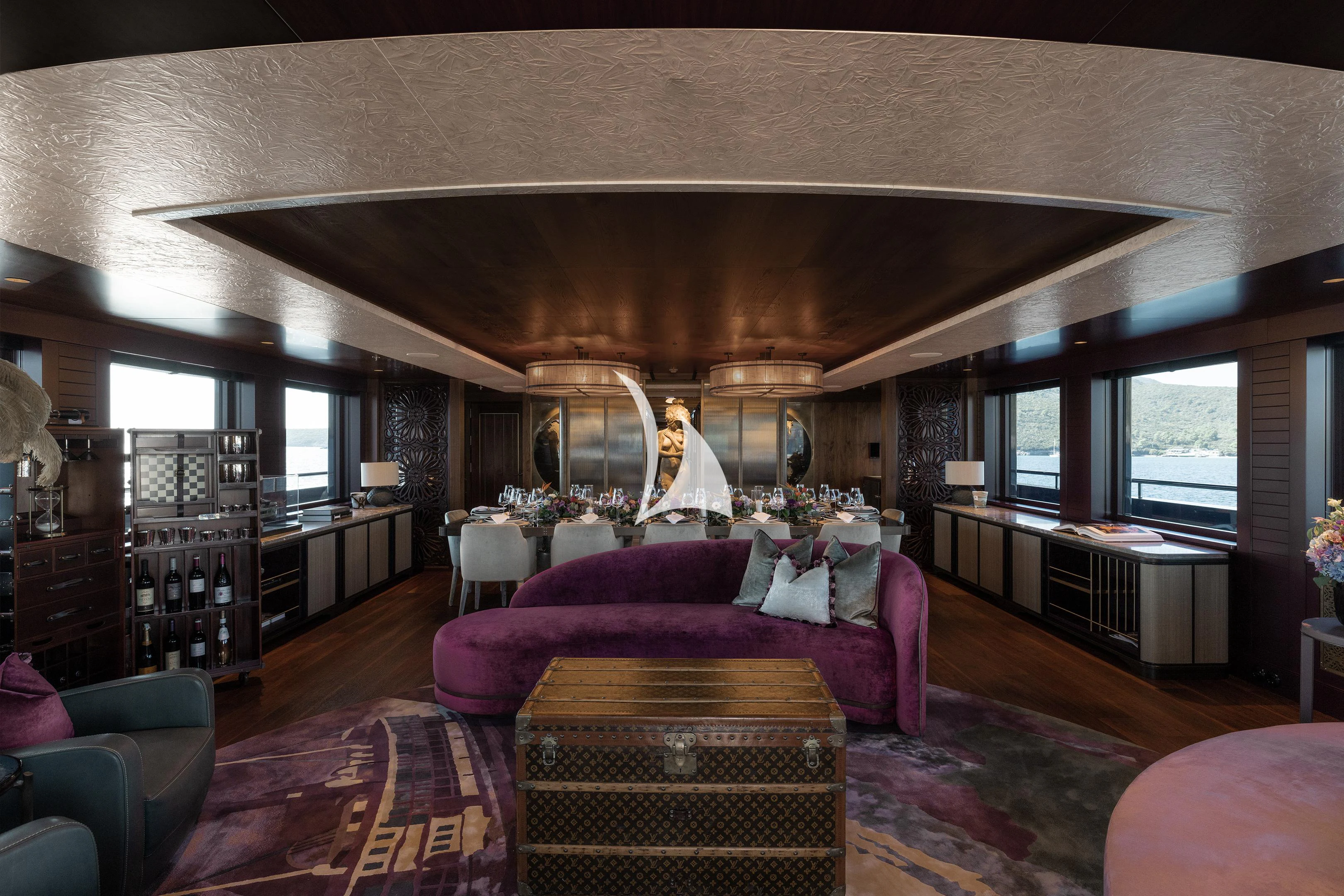a living room with a large window aboard PINK SHADOW Yacht for Sale