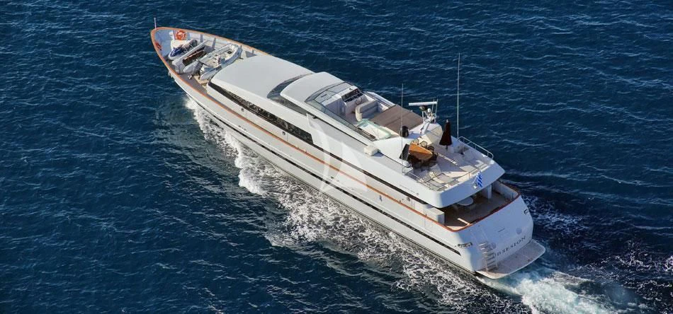 a white boat on the water aboard OBSESION Yacht for Sale