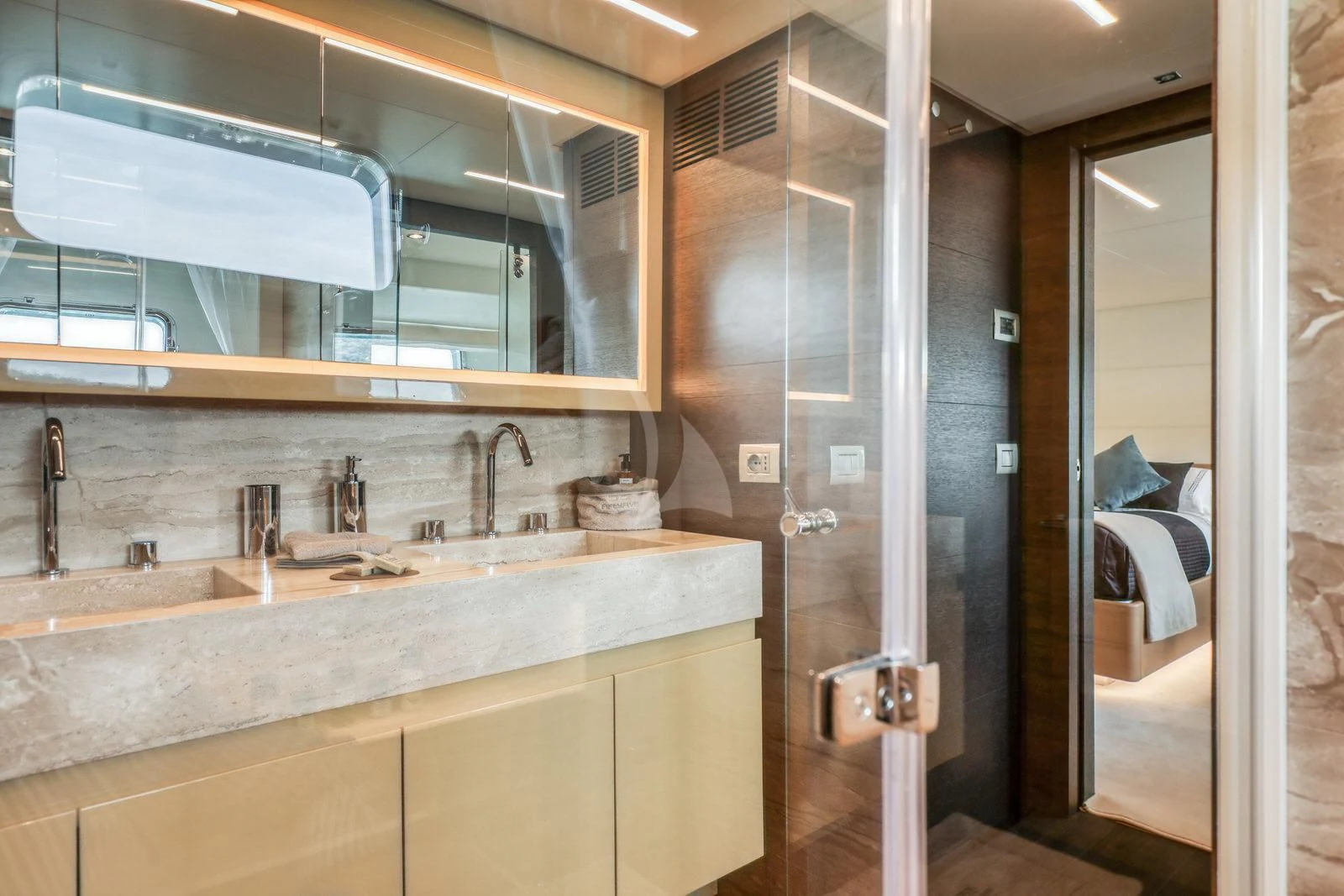 a bathroom with a sink and a mirror aboard 55 FIFTYFIVE Yacht for Charter