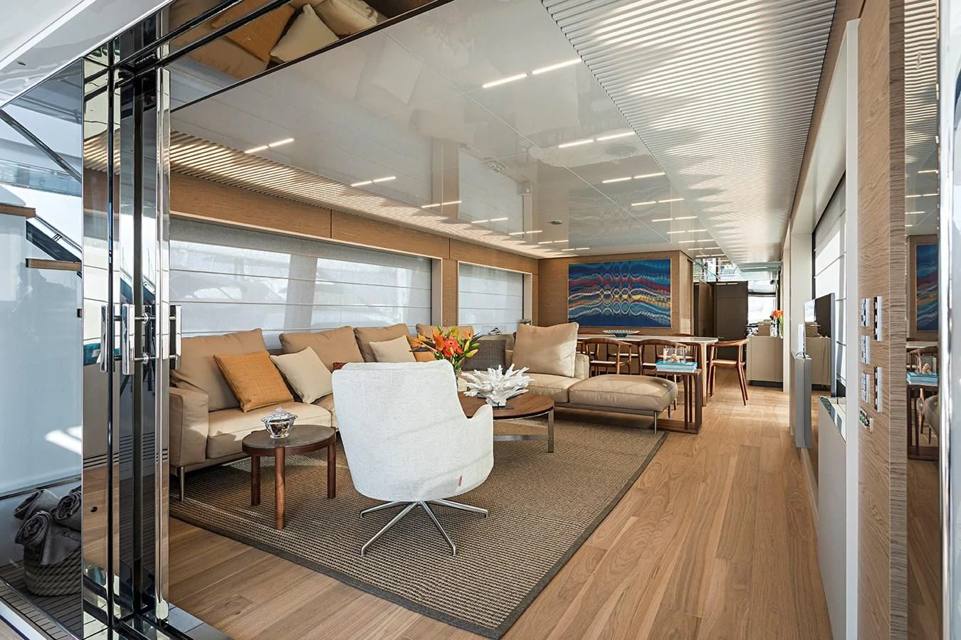 a living room with a large window aboard ANINHA 1 Yacht for Sale