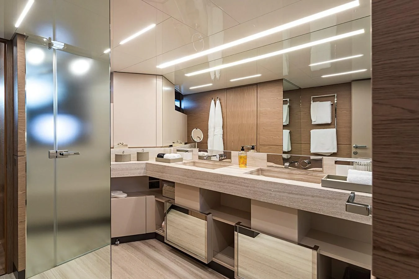 a bathroom with a glass shower aboard ANINHA 1 Yacht for Sale