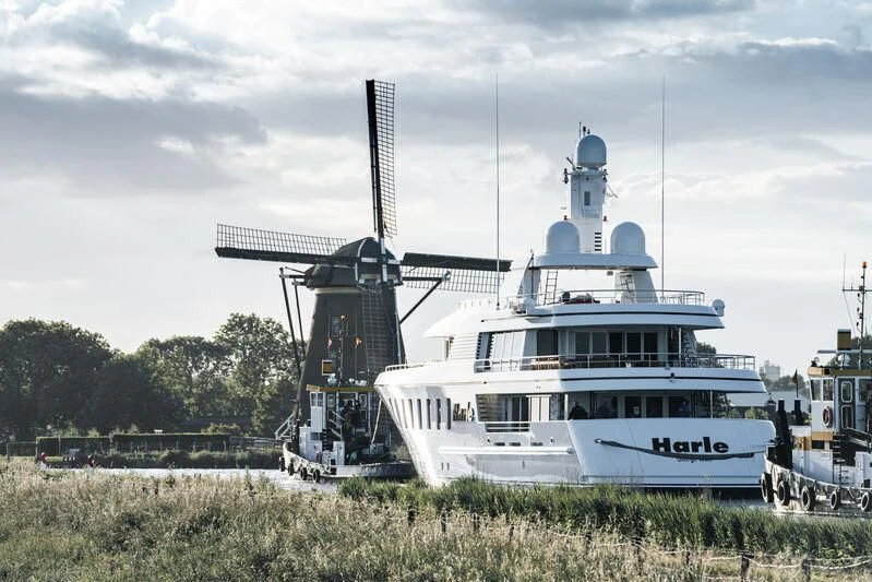 a large white boat in a field aboard HARLE Yacht for Sale