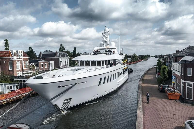 a large white boat docked aboard HARLE Yacht for Sale