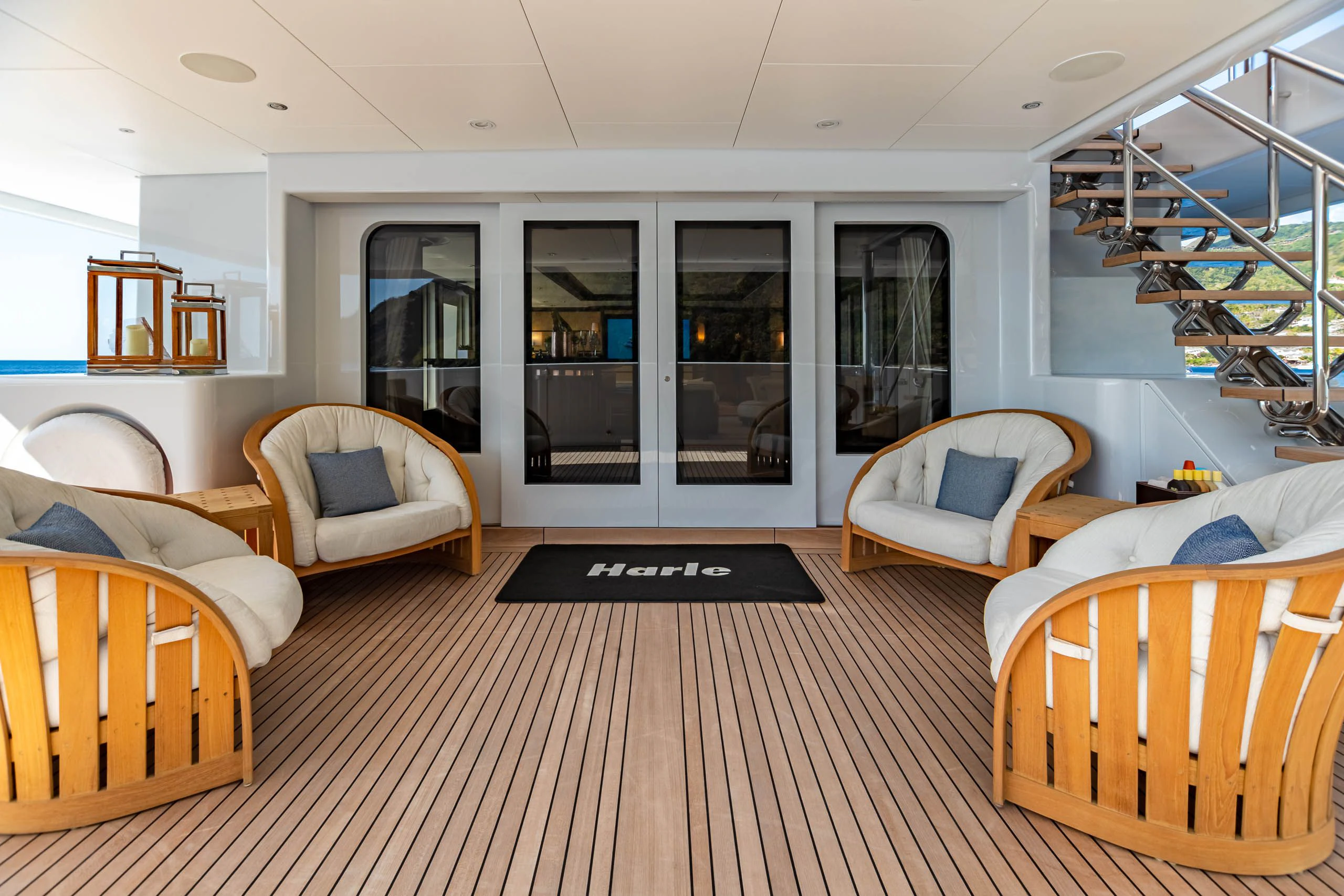 a large living room with wood floors aboard HARLE Yacht for Sale