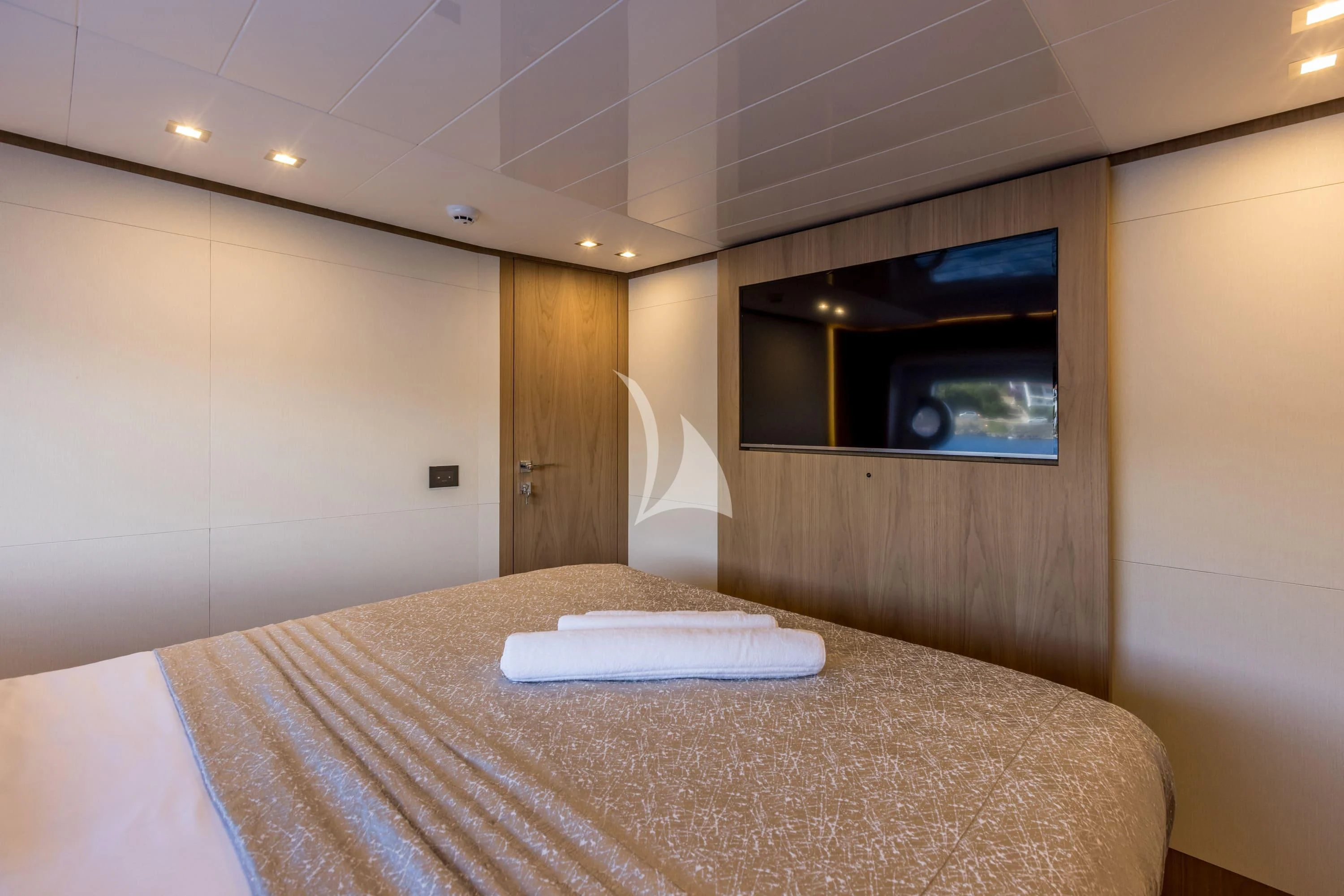a bed in a room aboard KATARIINA XO Yacht for Sale