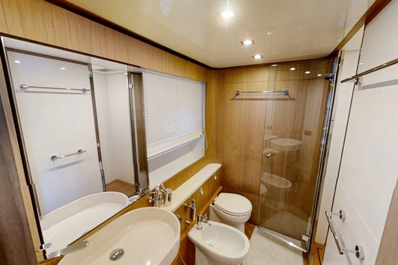 a bathroom with a shower and toilet aboard KATARIINA XO Yacht for Sale