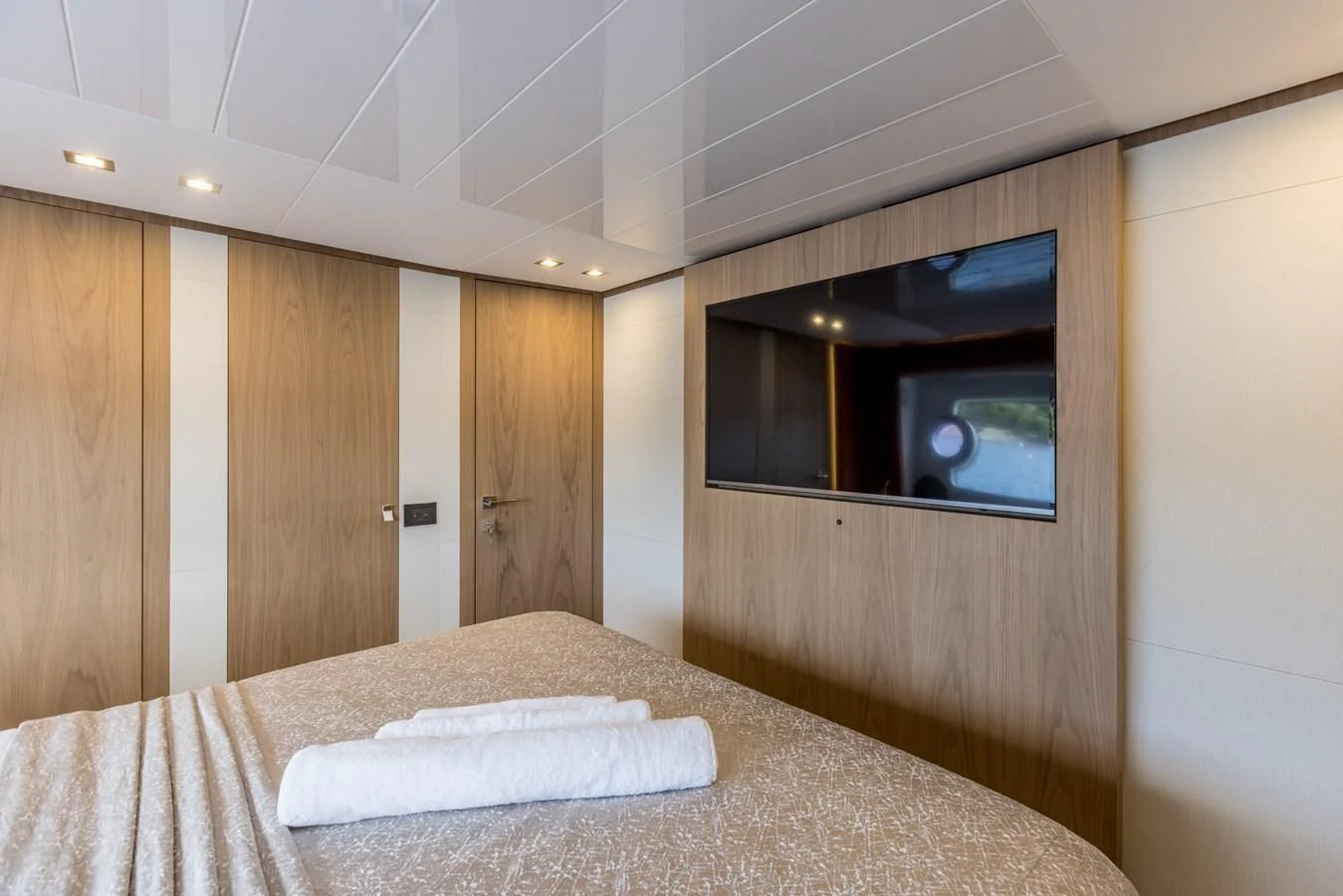 a bed in a room aboard KATARIINA XO Yacht for Sale