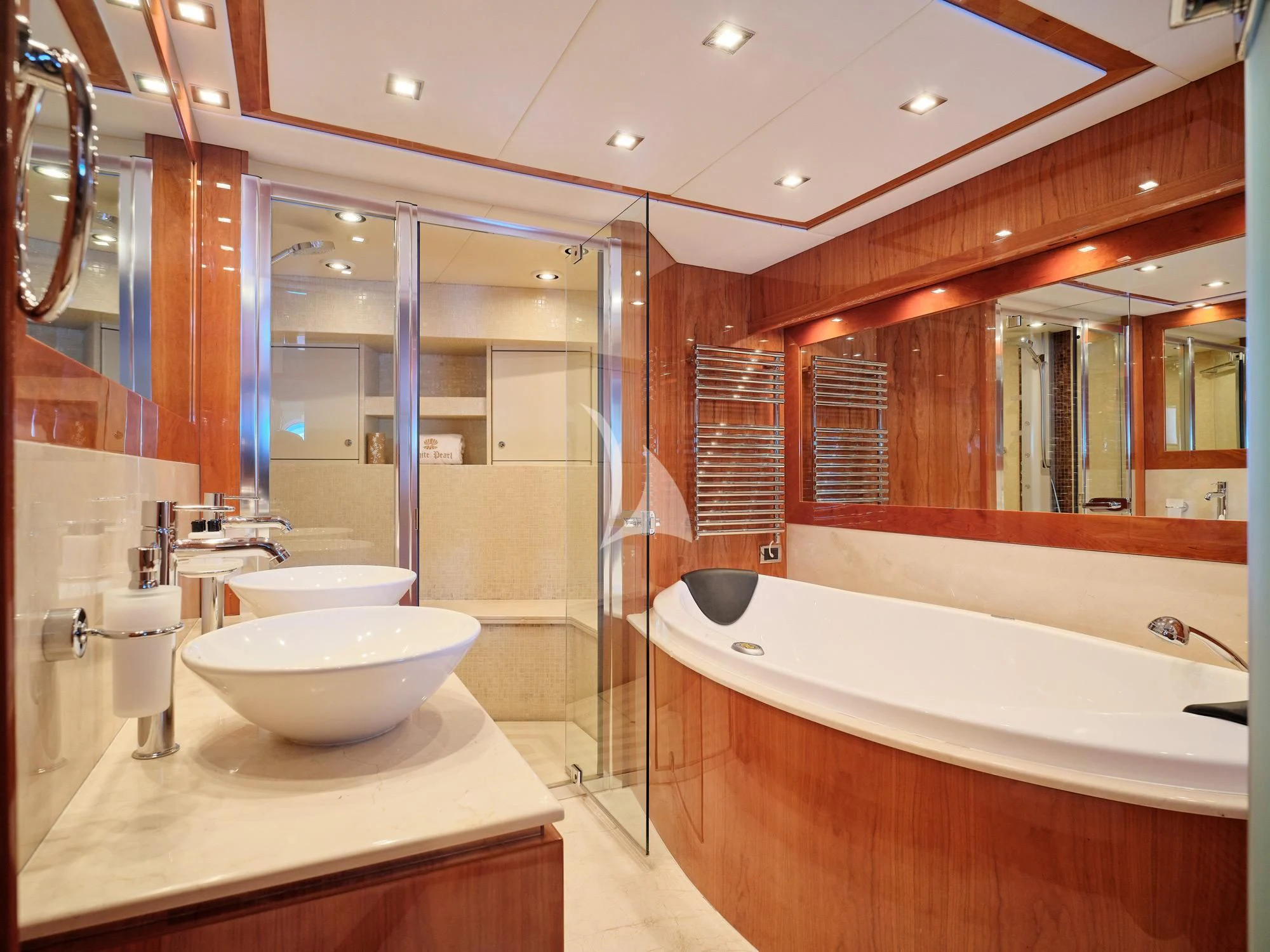 a bathroom with a large mirror aboard WHITE PEARL I Yacht for Sale