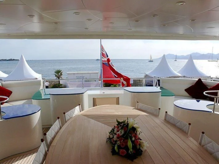 a room with tables and chairs aboard HAPPY LIFE Yacht for Sale