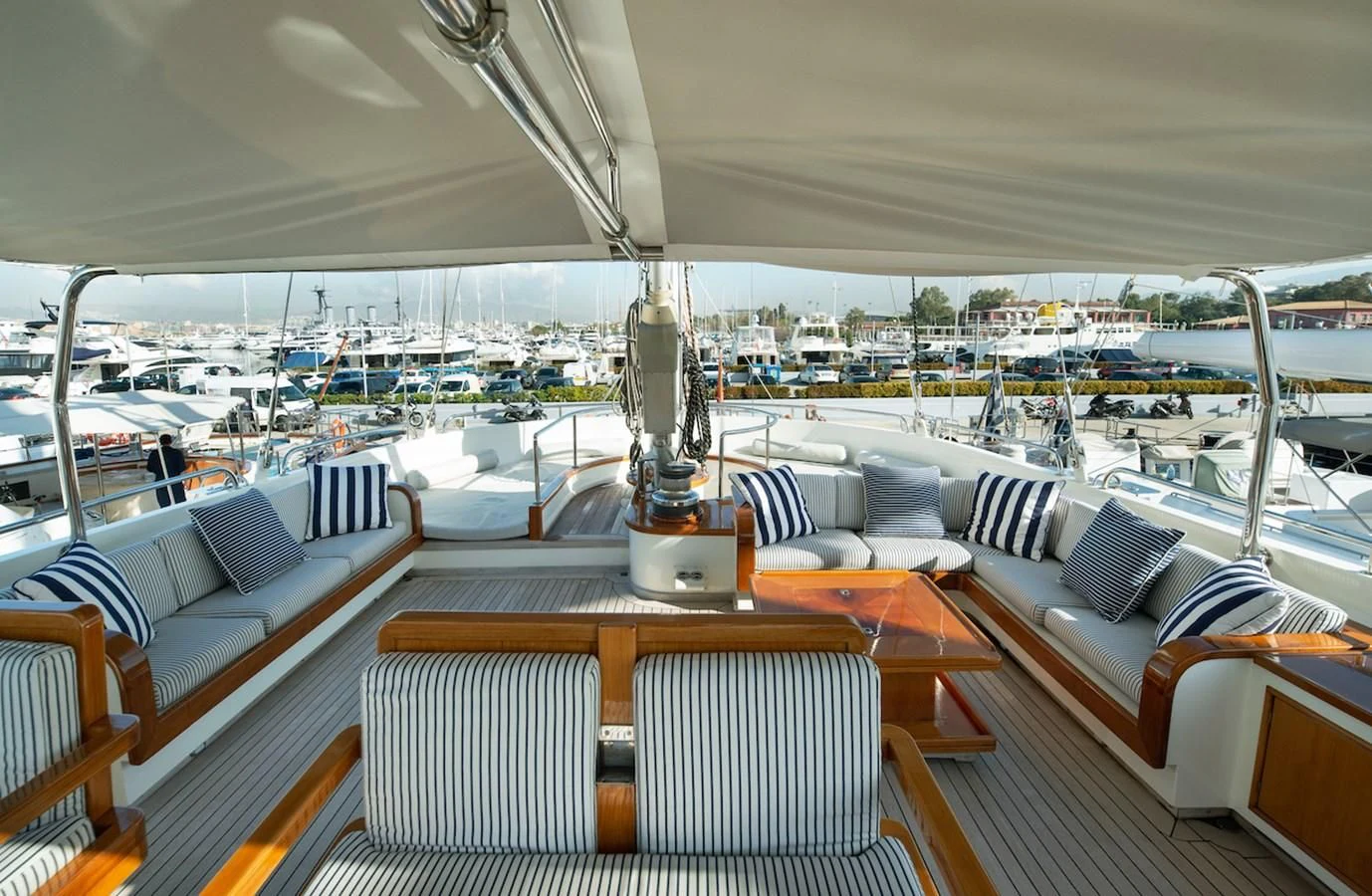 a boat with a large deck aboard BELLE BRISE Yacht for Sale