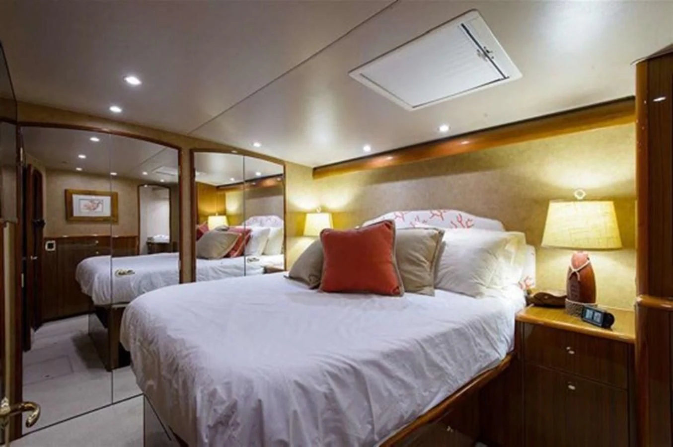 a room with two beds aboard DON'T STOP BELIEVIN Yacht for Sale