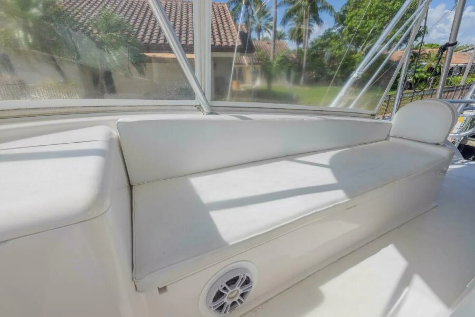 a white car with a white stripe aboard DON'T STOP BELIEVIN Yacht for Sale