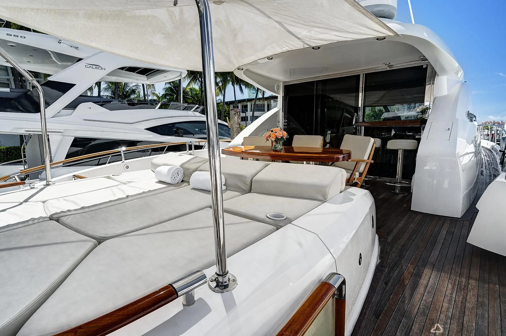 a white tent with a table and chairs in it aboard LADY H Yacht for Sale